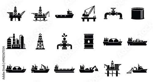 Collection of essential oil and gas industry icons representing energy exploration, production, and transportation for industrial or environmental graphic projects.
