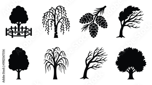 Diverse collection of nature tree silhouettes including various species and seasonal shapes for environmental graphic resources, logo design, and landscape iconography