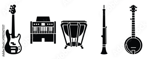 Collection of diverse musical instruments including bass guitar, keyboard synthesizer, percussion drum, woodwind oboe, and banjo for music education resources and entertainment concepts