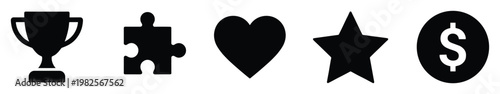 Versatile black silhouette icons symbolizing achievement challenge passion quality and monetary value ideal for modern digital projects and visual communication