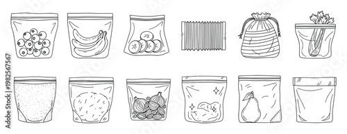 Hand drawn food storage bags with various fresh and prepared groceries including fruits vegetables and dry goods for meal prepping and kitchen organization