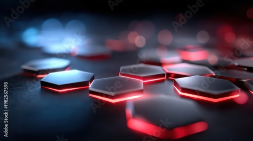 Futuristic Hexagon Grid: A close-up view unveils a network of hexagonal shapes in a modern futuristic setting with red and blue accents. This image showcases an advanced technological concept.