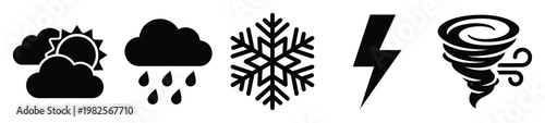 Essential weather forecast symbols including sunny clouds, rain, snow, lightning, and tornado for meteorology applications, digital interfaces, informative graphics, and educational