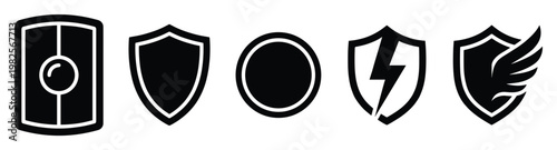 Vector shield icons set representing security, defense, and protection, ideal for game assets, user interface design, and web development applications.