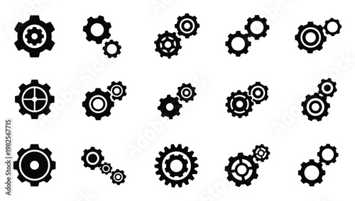 Collection of solid black mechanical gears and cogwheels representing settings, innovation, and teamwork, perfect for engineering diagrams or user interface icons