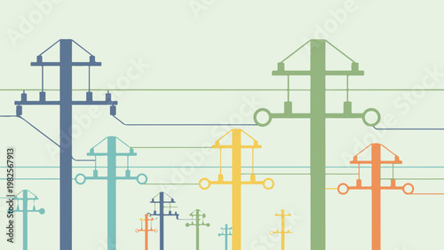 Abstract art background showcasing energy with colorful power lines and poles