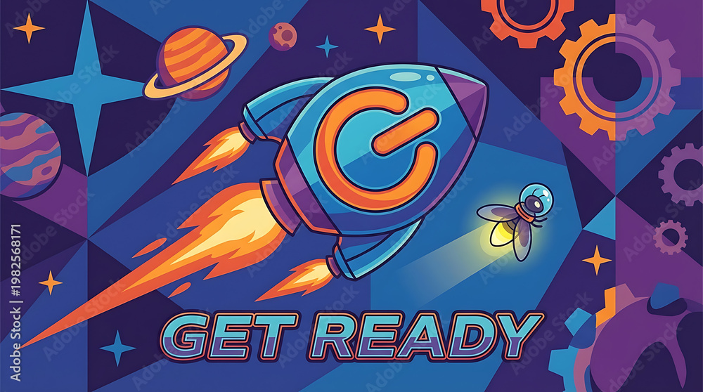 Obraz premium Creative vector illustration of a digital power button designed as a spaceship launching with fire and exhaust, symbolizing a technological startup ignition and complete readiness concept.