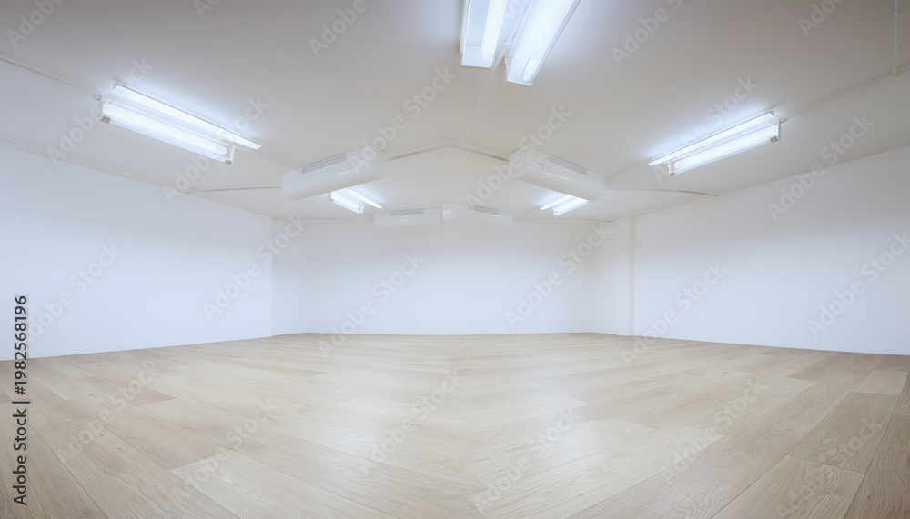 Fototapeta premium Empty Bright White Room with Fluorescent Ceiling Lights and Wooden Floor Interior