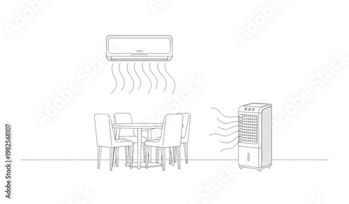 Monoline air conditioner and cooler in dining room outline sketch interior vector design
Keywords: