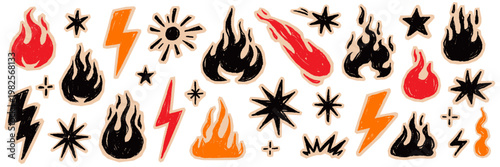 Fire flame icon doodle collage set. Hand drawn flame fire brush scribble grunge chalk texture shape graphic. Punk lightning bolt explosion energy blast sticker rock power burst. Vector illustration