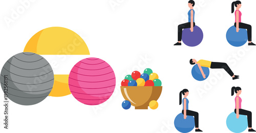Fitness exercise illustrations with stability ball workout poses colorful spheres and abstract shapes modern healthy lifestyle design set