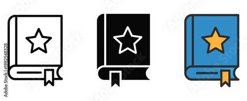 Favorite book and storytelling icon set, notebook with star and bookmark symbol, clean flat vector icons suitable for library systems, e-learning tools, and digital reading interfaces
