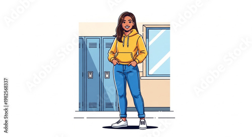 Teenage girl standing in school hallway with lockers.