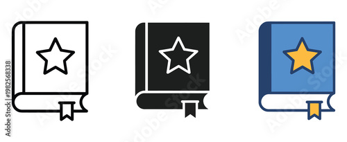 Favorite book and storytelling icon set, notebook with star and bookmark symbol, vector illustration collection ideal for reading apps