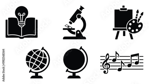 Educational icons representing knowledge, scientific study, creative arts, global geography, and musical concepts, ideal for school projects or academic teaching resources