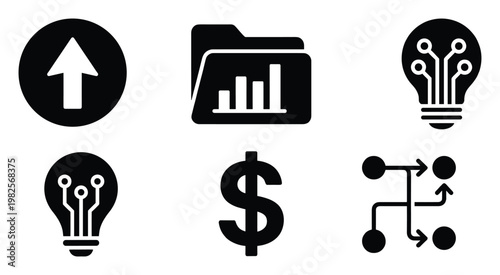 Collection of corporate management icons depicting upward growth, financial data, innovative intelligence, monetary success, and strategic workflow diagrams for various professional designs