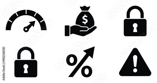 Set of essential business performance, financial security, money growth, and risk warning indicators ideal for presentations, website applications, and data visualization.