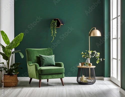 A serene indoor scene features a luxurious green armchair, leafy plants, and a stylish gold lamp next to a minimalist side table