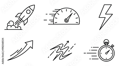 A collection of linear icons representing fast speed, quick performance, accelerated business growth, and timely development, perfect for web, app, or marketing graphics.