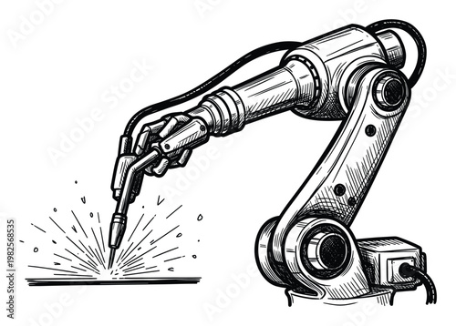 Robotic arm performing precise industrial welding process with sparks for manufacturing automation and advanced engineering technology applications