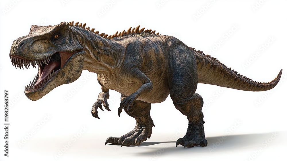 Fototapeta premium Fierce roaring scaly theropod dinosaur with open jaws, sharp teeth, clawed feet and long tail in an aggressive, menacing stance
