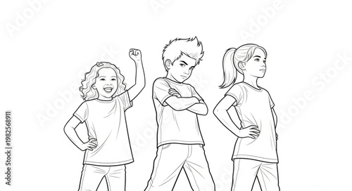 Three Children Posing Confidently with Determined Expressions.