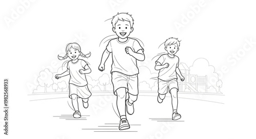 Three children running happily outdoors in a sketch style.