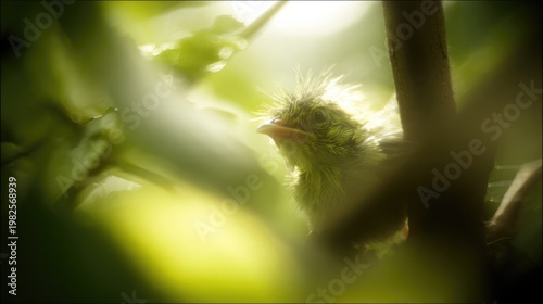 clumsily. A fledgling bird with ruffled feathers falling from its nest. wildlife magazines, conservation campaigns, designed for eco-tourism storytelling, used by food bloggers.