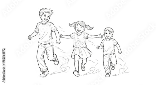 Three children running together holding hands.