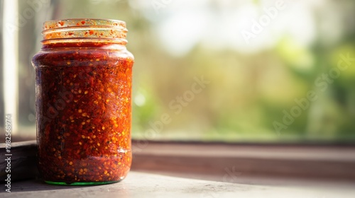 calabrian. A jar of homemade chili oil on a sunny windowsill, vibrant red color. menu design, packaging mockups, designed for food delivery and cloud-kitchen brand materials.