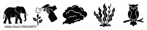 Assorted nature and environmental silhouette icons depicting an elephant, plant sprayer, smoke plume, aquatic plant, and an owl, ideal for conservation themes and ecological graphic