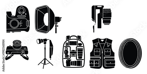 Black icons of professional photography equipment and accessories including cameras lights and bags perfect for graphic design projects and digital presentations