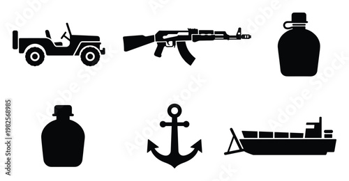 Collection of military and nautical themed graphic elements including a jeep, assault rifle, canteens, anchor, and cargo ship, perfect for defense, maritime, or adventure projects