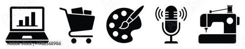 Collection of black silhouette icons depicting business growth, online shopping, creative arts, podcasting, and craftsmanship for various commercial applications.