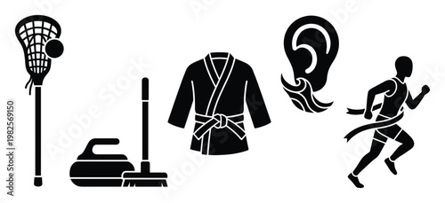 Dynamic sports activity icons featuring lacrosse, curling, martial arts uniform, runner crossing finish line, and an ear symbol perfect for athletic and health related graphic applications