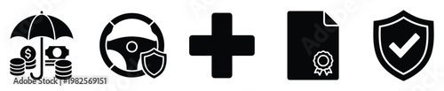 Essential icons for comprehensive car and financial insurance protection, symbolizing policy benefits, security, and guaranteed coverage for various service applications.