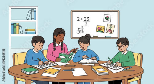 Children learning together at a round table in a classroom setting.