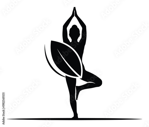 Sporty woman practicing balanced yoga pose with surfboard silhouette representing wellness and active lifestyle perfect for health and fitness promotions