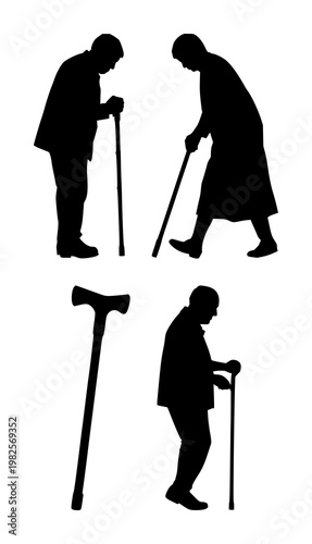 Geriatric walking cane set with solid black icon on white background featuring accessibility, mobility, healthcare with medical and eldercare