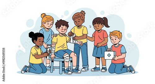 Children practicing first aid on an injured friend.