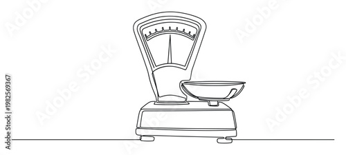 Single continuous line drawing of a vintage kitchen weighing scale with a pan, perfect for food preparation, culinary measurement, and grocery store themes in various projects.