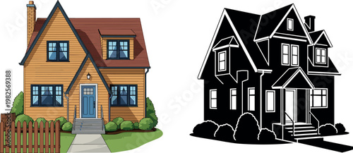 Detailed Residential House Illustration with Colorful Exterior and Black Silhouette for Real Estate and Architecture Graphics