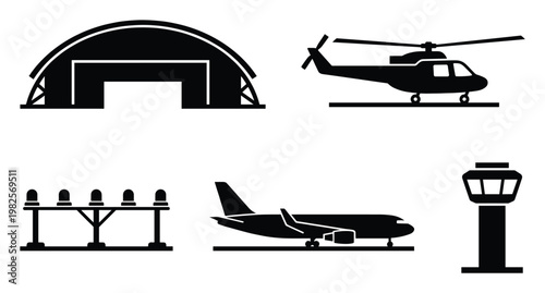 A comprehensive collection of airport and aviation transportation silhouette icons, ideal for illustrating flight services, logistics, travel infographics, and aerospace industry