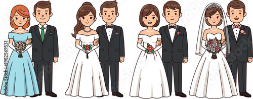 Wedding couples collection with bride and groom characters in different outfits holding bouquets romantic marriage vector illustration set