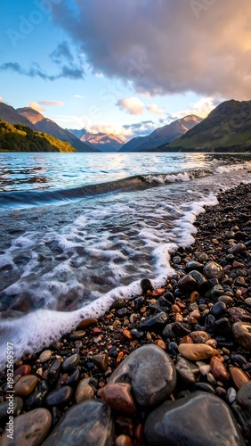 A serene waterscape featuring a rocky shoreline, foamy waves, and mountainous backdrop under a partly cloudy sky