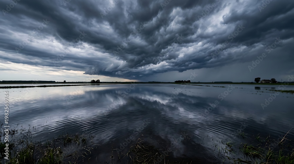 Obraz premium Dark Storm Clouds Over Calm Water Landscape with Reflection in Natural Setting