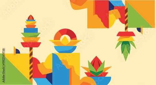 Vibrant geometric illustration depicting traditional South Asian festival decorations and symbolic offerings in a modern abstract style.
