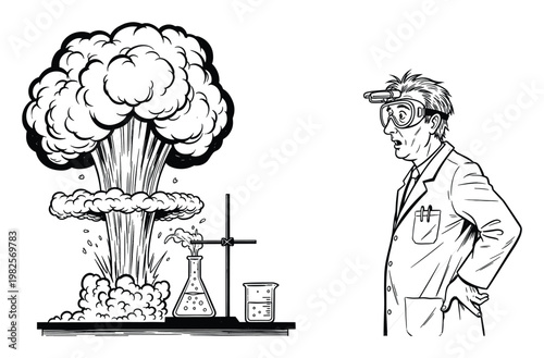 Scientist in laboratory goggles observes a shocking chemical reaction explosion emanating from a beaker, perfect for science education materials or humorous presentations about unforeseen