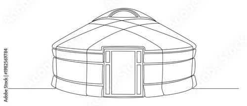 Minimalist continuous line art drawing of a traditional nomadic yurt dwelling perfect for cultural heritage designs travel and architectural presentations