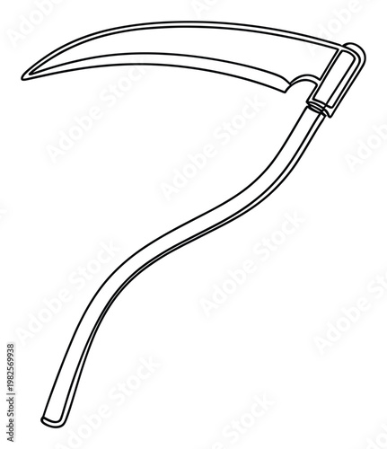 Simple outline drawing of a traditional scythe, an ancient agricultural hand tool perfect for historical farming themes, harvest designs, or Halloween graphic compositions